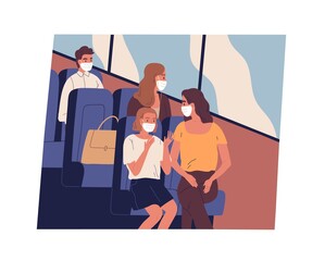 People in face masks commuting or traveling by bus during coronavirus pandemic. Male and female passengers sitting inside modern public transport while covid restrictions. Flat vector illustration