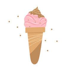 Hand drawn pink ice cream in a waffle cone isolated on a white background. Illustration in a simple flat style. It can be used for decoration of textile, paper and other surfaces.