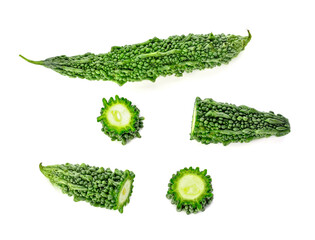 bitter melon, bitter gourd, bitter squash fruit isolated on white background. Top view