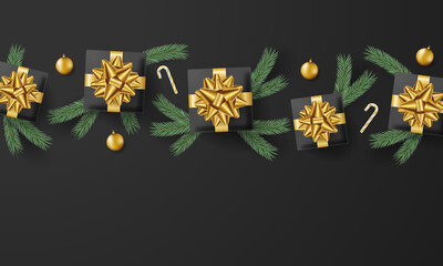Christmas gift boxes and elements on black background. Vector illustration.