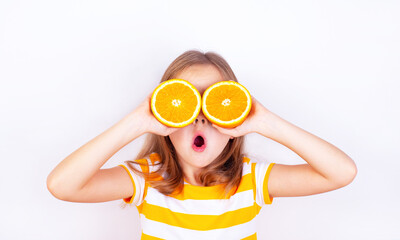 Very surprised little girl with orange halves near her eyes.