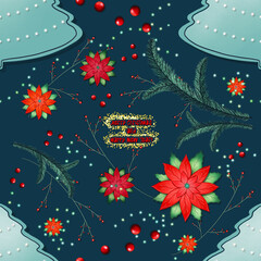 Christmas seamless pattern with fir trees, poinsettia flowers and berries on a blue background.