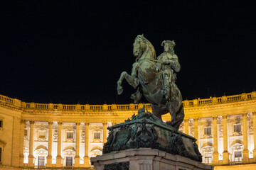 Night photo of the Statue of the  Prince Eugene of Savoy monument in Hero Square (Heldenplatz) in Vienna, Austria