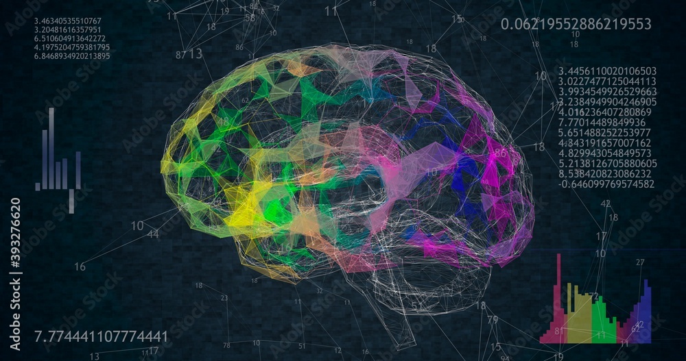 Poster low polygonal brain 3d model on black background with animated numbers and diagrams. 3d illustration