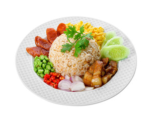 Thai food - Kao Cluk Ka Pi (Mixed Cooked Rice with Shrimp Paste Sauce) isolated on white.