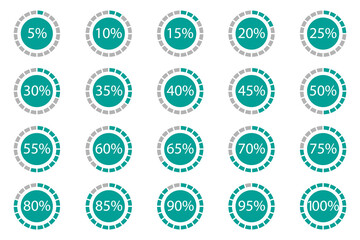 Download Progress Circle Icons - Vector Illustrations From 5 To 100 Percent - Isolated On White Background