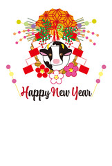 Happy New Year Cute Cow Greeting Card with Japanese Traditional sacred rope "Shimekazari"