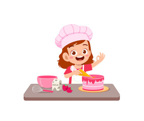 happy cute little kid boy and girl wear chef uniform and cooking a birthday cake