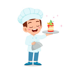 happy cute little kid boy and girl wear chef uniform and cooking a birthday cake