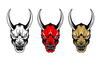 vintage retro 3 colored traditional japanese hannya mask vector illustration