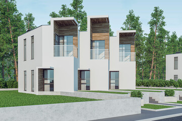3d rendering of modern light townhouse cozy small house for sale or rent with many grass on lawn. In daylight with a clear blue sky. Perspective view