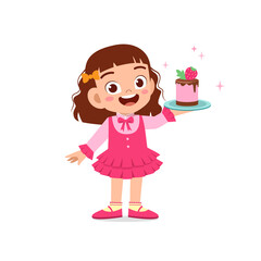 happy cute little kid boy and girl waring waiter uniform and holding birthday cake