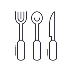 Kitchen spoon fork and knife icon, linear isolated illustration, thin line vector, web design sign, outline concept symbol with editable stroke on white background.