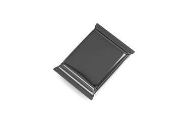 Black foil food snack sachet bag mockup template on isolated white background. Packaging pouch for chips, coffee, salt, sugar, pepper, spices, sweets and cookies. 3d illustration