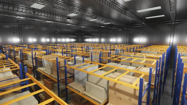 Warehouse with cardboard boxes inside on pallets racks, logistic center. Loft modern warehouse. Cardboard boxes on a conveyor belt in a warehouse, 4K 3D rendering  animation .