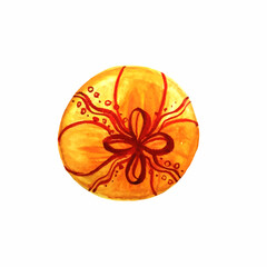 One yellow Christmas ball with a painted pattern on a white background.Watercolor,  ball can be used on Christmas cards, packaging paper, tea, textiles.
