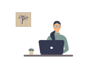 Faceless woman tutor work on laptop.Remote work, distance E-learning or online training during virus epidemic.Lady trainer or coach conduct webinar,seminar or workshop.Raster colourful illustration