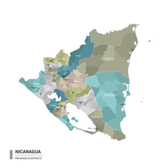 Nicaragua higt detailed map with subdivisions. Administrative map of Nicaragua with districts and cities name, colored by states and administrative districts. Vector illustration.