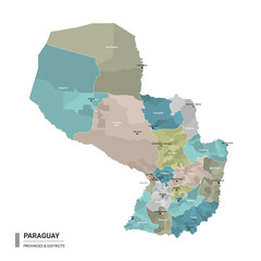 Paraguay higt detailed map with subdivisions. Administrative map of Paraguay with districts and cities name, colored by states and administrative districts. Vector illustration.