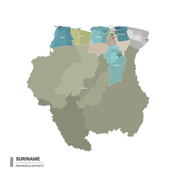Suriname higt detailed map with subdivisions. Administrative map of Suriname with districts and cities name, colored by states and administrative districts. Vector illustration.