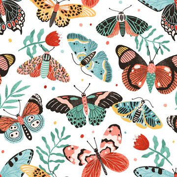 Seamless pattern with gorgeous butterflies and flowers isolated on white background. Decoration for wrapping paper or wallpaper. Design with flying moths. Endless colorful flat vector illustration