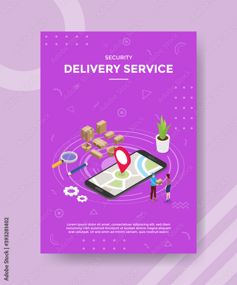 Poster security delivery service pointer location courier giving package to customer for template of banner