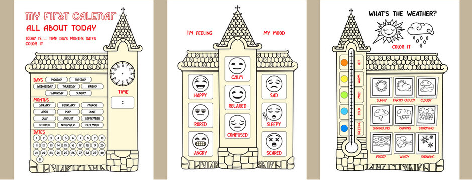 Coloring Page with kids diary calendar. Educational pages. Educational pages. Vector.