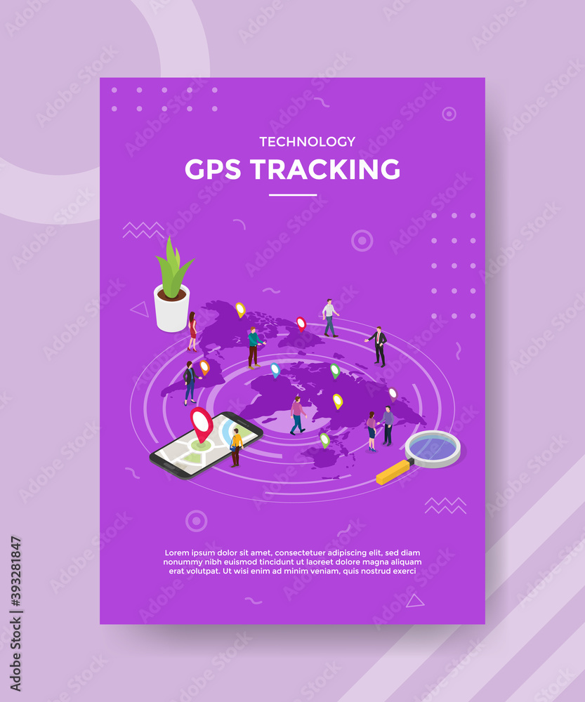 Poster technology gps tracking people standing on pointer location map world for template of banner and fly