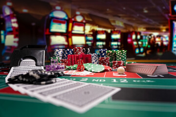 Casino set with Roulette, cards, dice and chips