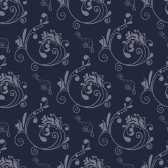 Seamless background with delicate white lace ornament. Guipure, dark blue background, white curls and dots. New year beautiful christmas pattern.
