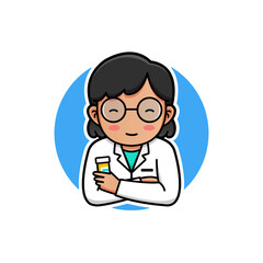 Cute pharmacist carrying drug logo