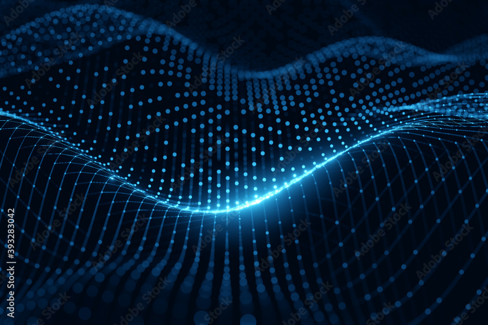 Poster Moving neon blue wireframe pattern forming a digital network connection on dark background