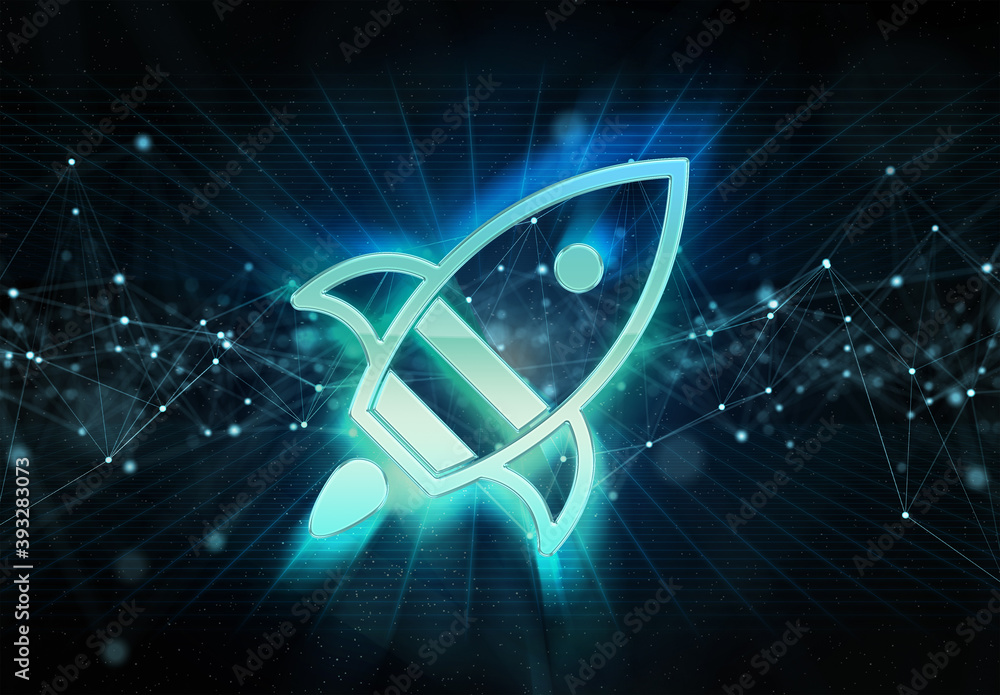 Poster digital spaceship holographic icon bursting into blue and green neon light 3d rendering