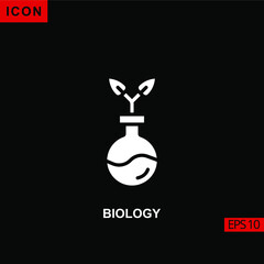 Icon biology tree leaf with tube flask vector on black background. Illustration Filled, glyph or flat icon for graphic, print media interfaces and web design.