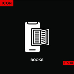 Icon e-book online with phone vector on black background. Illustration Filled, glyph or flat icon for graphic, print media interfaces and web design.