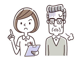 ベクターイラスト素材：看護師の女性と落ち込むシニア男性
