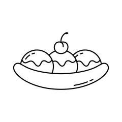 Banana split. Linear icon of fruit dessert with ice cream, topping and cherry. Black simple illustration of traditional american food. Contour isolated vector pictogram on white background