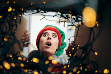 Excited Christmas Woman Looking Inside Cardboard Gift Box