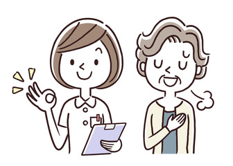 ベクターイラスト素材：看護師の女性と安心するシニア女性
