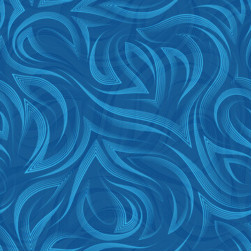blue flowing lines and corners vector geometric seamless pattern on blue background. Graceful flowing pattern and stripes