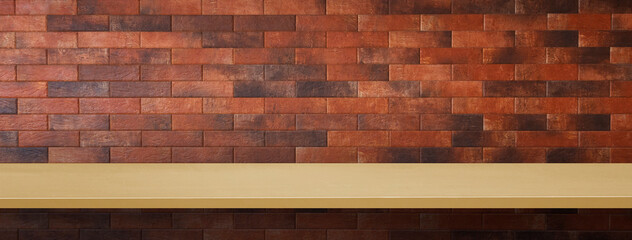 front view wooden table on brick wall background