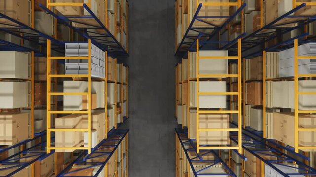 Warehouse with cardboard boxes inside on pallets racks, logistic center. Loft modern warehouse. Cardboard boxes on a conveyor belt in a warehouse, 4K 3D rendering  animation .