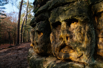 Monument sandstone rock sculptures and Harfenice (Harfenist) cave created by Vaclav Levy between Libechov and Zelizy, Cliff carvings carved in pine forest, Czech republic