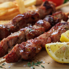 Grilled meat skewers on a table, closeup view