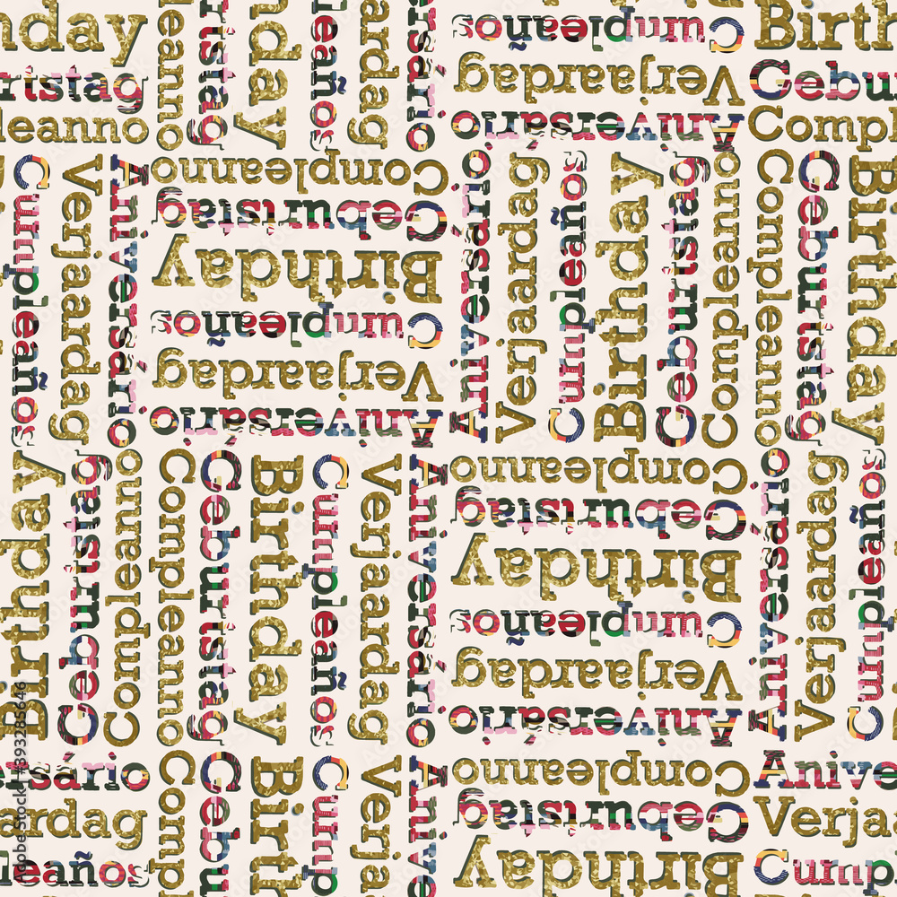 Poster birthday text in different languages repeat pattern print background