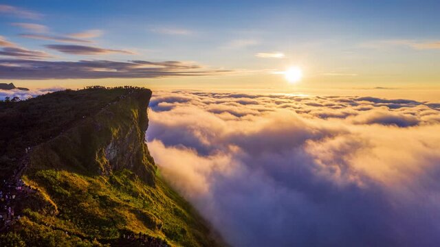 Hyperlapse of Phu chi fa and mist at sunrise in Chiang rai province,Thailand.