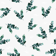 Eucalyptus baby blue branches background. Realistic greenery seamless pattern.
