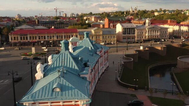 Landscape of an ancient city in the evening light, video from a quadrocopter