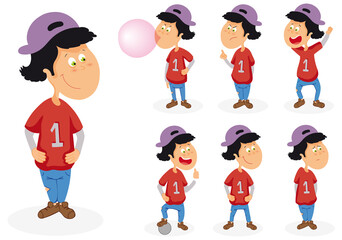 Teenager with baseball cap and chewing-gum set with different positions vector illustration isolated