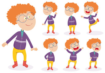 School Boy wearing glasses set with different positions vector illustration isolated